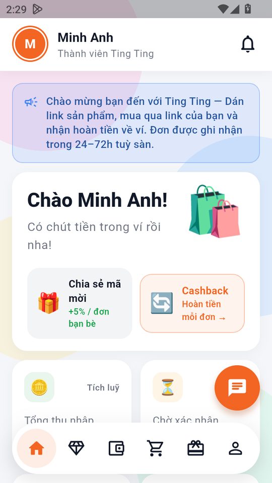 Màn hình trang chủ ứng dụng Ting Ting